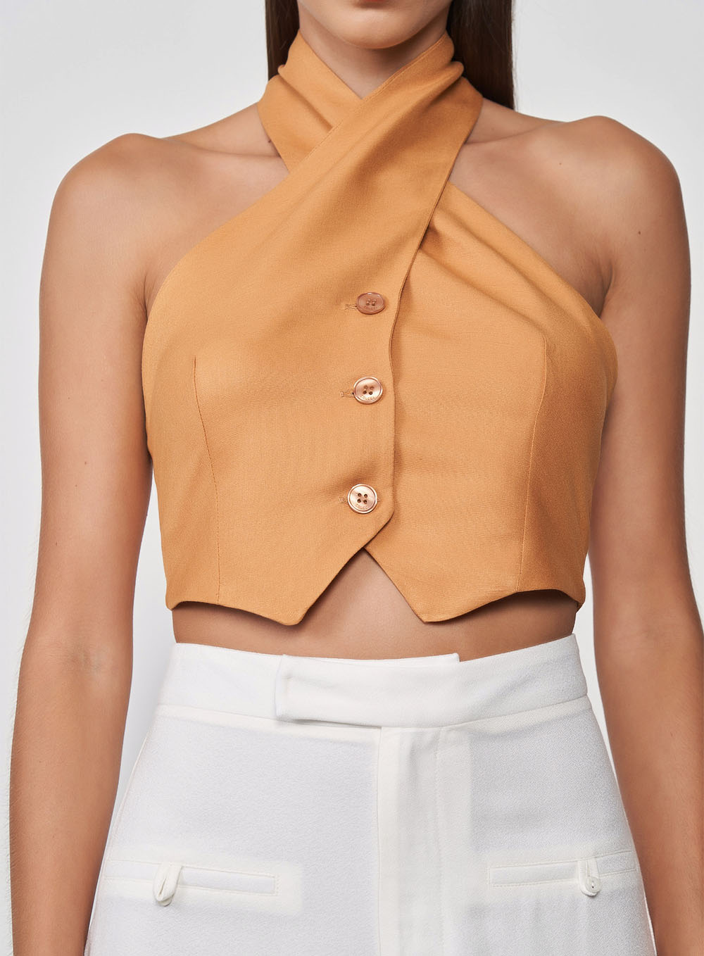JADE'S CAMEL LINEN HALTER NECK VEST W/TRANSPASS DETAIL (COLCCI)